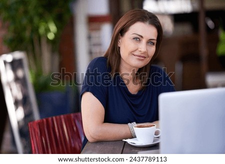 Cafe, portrait and woman with laptop for remote work as writer of blog and online communication. Happy, journalist and internet research for article at coffee shop with espresso, latte and computer