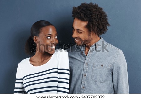 Happy, portrait and black couple smile with love on studio background together in cool fashion. African, people and relax with partner in profile picture with casual style and clothes on mockup space