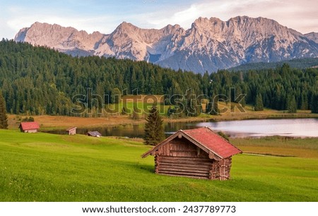 Wooden barn landscape at Geroldsee lake (Wagenbrüchsee), Bavaria Germany.
 Royalty-Free Stock Photo #2437789773