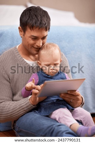 Tablet, search or father and baby on a floor for cartoon, streaming or gaming while bonding at home. Digital, learning or dad and girl in bedroom with storytelling app, fantasy or child development