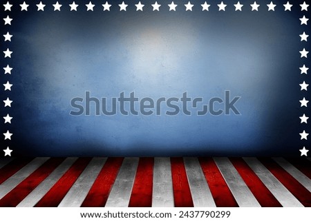 Star, America and graphic with red stripes on banner for illustration, theme or abstract background. Empty, mockup space and symbol with pattern of USA icon for bravery, Independence Day or heritage Royalty-Free Stock Photo #2437790299