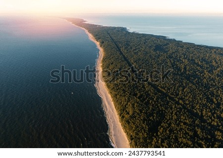 Curonian Spit wth Baltic sea coastline on sunset. Kurshskaya kosa national park near Zelenogradsk. Kaliningrad region. Aerial top view Royalty-Free Stock Photo #2437793541