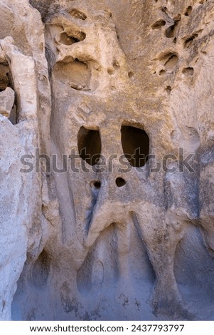 Skull shaped rock at Bandelier National Monument in New Mexico. Ancestral Pueblo people carved rooms, known today as cavates, into the tuff cliffs of the Pajarito Plateau. Royalty-Free Stock Photo #2437793797