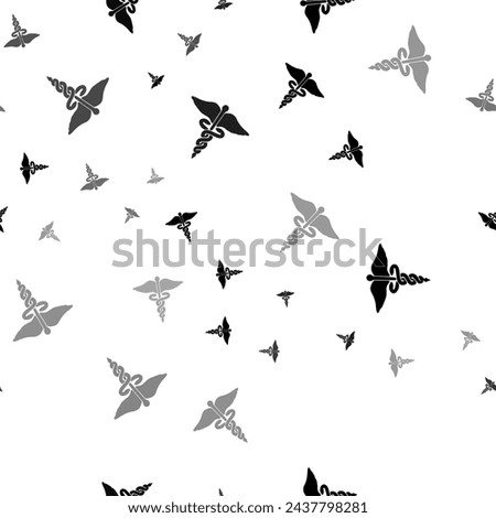 Seamless vector pattern with caduceus symbols, creating a creative monochrome background with rotated elements. Vector illustration on white background