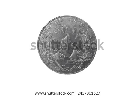Reverse of French Polynesia coin 50 francs 2004, isolated in white background. Close up view.