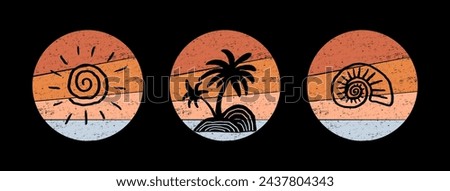 Set of vibrant travel badges featuring sun, seashell, and palm tree icons. Perfect for wanderlust-themed designs, stickers, prints. Vector clip art with transparency set on warm abstract background.