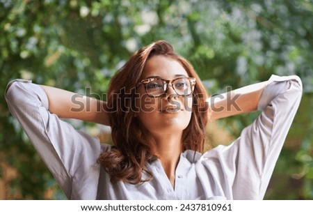 Vision, thinking and woman outdoor idea, pondering and wondering about creative career, relax and calm on break. Gen z girl, female person and novelist with smile, pensive and in contemplation Royalty-Free Stock Photo #2437810961