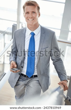 Businessman, stairs and networking or phone in portrait, website and mobile app for conversation. Male person, workplace and reading an email for update, communication and research for information