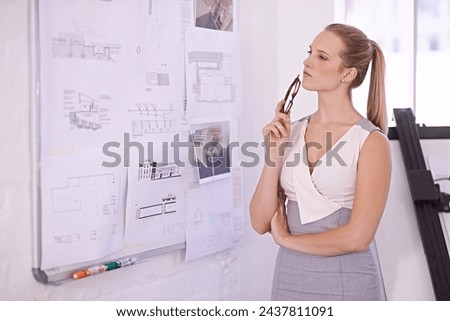 Architecture, board or woman thinking of drawing in office for development project, brainstorming or planning. Paper, blueprint or designer with engineering ideas for sketching floor plan of building