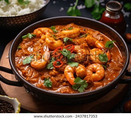 Prawn Madras, a vibrant and flavorful South Indian dish, showcases succulent prawns cooked in a rich, spicy curry infused with a blend of aromatic spices. This traditional delicacy Royalty-Free Stock Photo #2437817353
