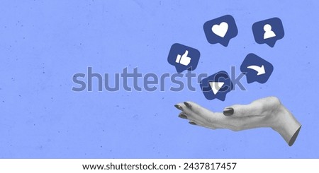Blue Color Background. Social Media Creative Concept Art Collage. Copy Space Texture Banner Flyer Poster Post Card Design. Like Love Follower Share Symbol Home Page Web Trendy Famous Trend Saved Icon Royalty-Free Stock Photo #2437817457