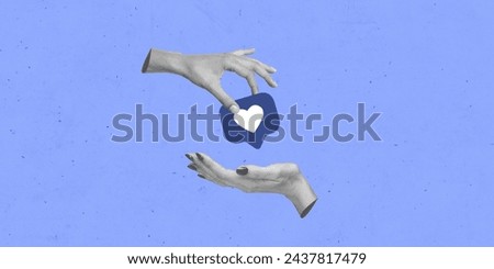 Blue Color Background. Social Media Creative Concept Art Collage. Copy Space Texture Banner Flyer Poster Post Card Design. Like Love Follower Share Symbol Home Page Web Trendy Famous Trend Saved Icon Royalty-Free Stock Photo #2437817479
