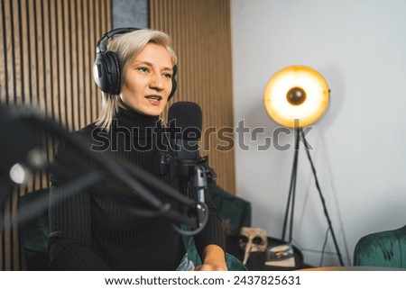 Woman, radio presenter and speech on microphone. Podcast host, recording and business talk show with sound, tech and info on live streaming in studio. High quality photo