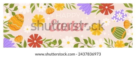 Happy Easter horizontal banner template. Design with  painted eggs, flowers and leaves around Royalty-Free Stock Photo #2437836973
