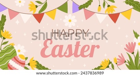 Easter horizontal background template. Design for celebration spring holiday with flowers, painted eggs, bunting garland with colorful flags. Royalty-Free Stock Photo #2437836989