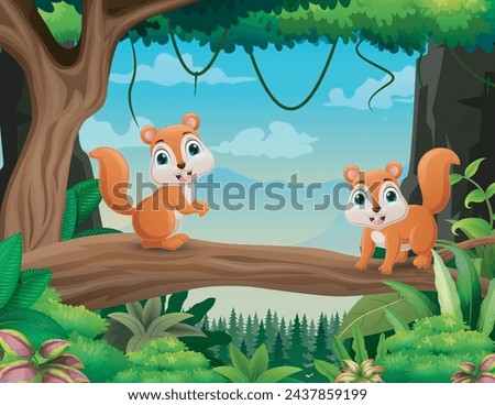 Cute two squirrels enjoying on tree branch