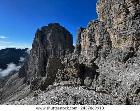 Dolomite Daring: Exposed Via Ferrata Thrills in Adamello Brenta, Bocchette, Dolomites Royalty-Free Stock Photo #2437869913