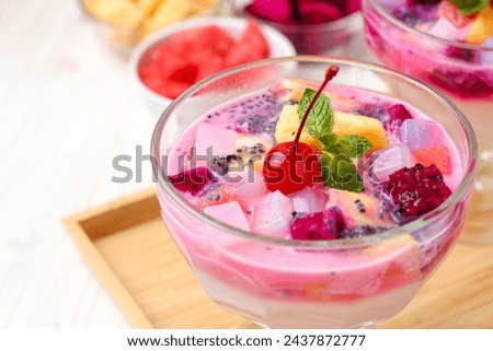 Puding es buah. Mixed fruit ice pudding. indonesian famous breakfast menu (takjil). perfect for recipe, article, or any commercial purposes.