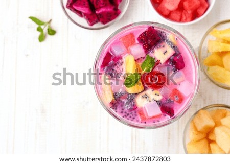 Puding es buah. Mixed fruit ice pudding. indonesian famous breakfast menu (takjil). perfect for recipe, article, or any commercial purposes.