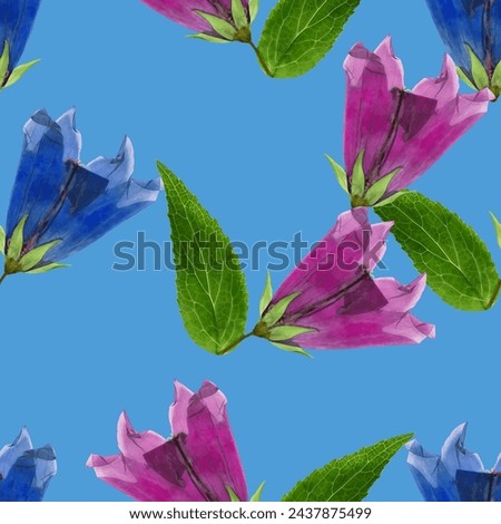 Campanula. Decorative art-deco design element, floral ornament. Seamless pattern for bandana, shawl, hijab, neck scarf. Kerchief design or tablecloth print, scarf, towel. For textile, cotton fabric. Royalty-Free Stock Photo #2437875499