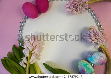 Happy easter! Flat Lay, postcard or Internet banner with Copy Space on Easter, Bouquet of flowers and Easter eggs