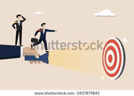 Uncovering Target. Find the target of success, success is in sight. A hand holding a flashlight uncovering hidden target. Business vector concept illustration.