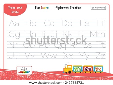 Fun Learn A-Z uppercase lowercase trace alphabet design for learning handwriting. A4 Printable Vector Illustration. Poster worksheet clip art preschool kindergarten kids improve basic writing skills