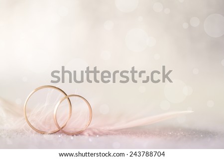 Two Golden Wedding Rings and  Feather - light soft background for marriage Royalty-Free Stock Photo #243788704