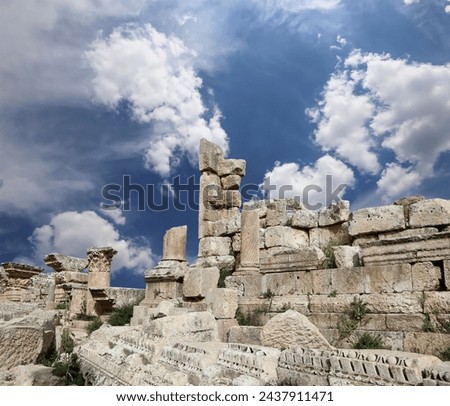 Roman ruins (against the background of a beautiful sky with clouds) in the Jordanian city of Jerash (Gerasa of Antiquity), capital and largest city of Jerash Governorate, Jordan   