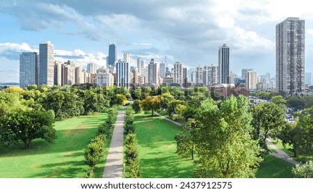 Chicago skyline aerial drone view from above, city of Chicago downtown skyscrapers cityscape bird's view from park, Illinois, USA
