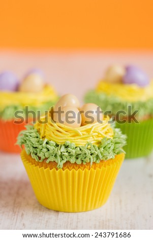Easter cupcakes decorated with eggs in nest.  Shallow focus.
