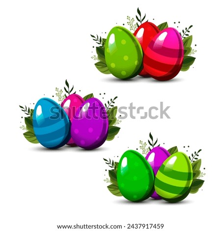 Set of colorful Easter striped egg and egg with polka dots with green leaves and branches on background. Illustration in flat style. Clipart for design of card, banner, flyer, sale, poster, icons