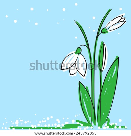 vector illustration of a hand drawn snowdrop on a light blue background