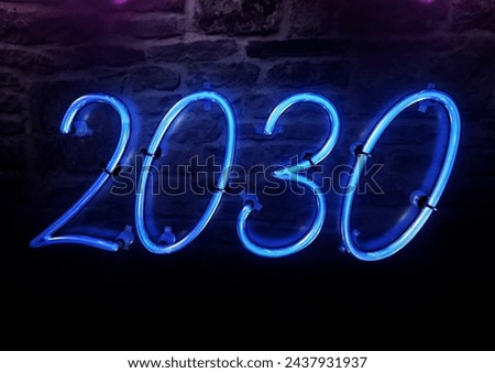 Bright Pink Neon sign that says the Year 2030 on a brick wall background
