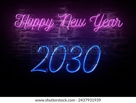 Bright Pink Neon sign that says Happy New Year 2030 on a brick wall background