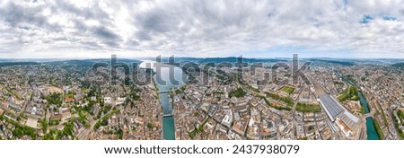 Zurich, Switzerland. Panorama of the city in cloudy weather. Summer day. Panorama 360. Aerial view