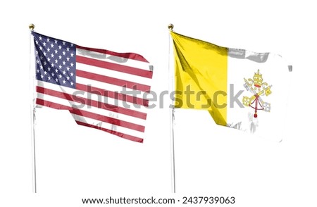 American flag and Vatican flag on cloudy sky. fly in the sky