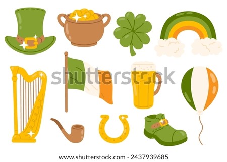 Vector illustration set of cute Saint Patrick objects for digital stamp,greeting card,sticker,icon,design