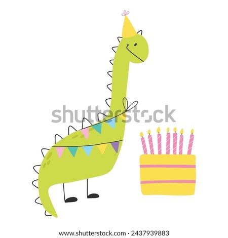 Happy birthday card with dinosaur. Cute illustration with dino and cake. Vector illustration isolated on white background.