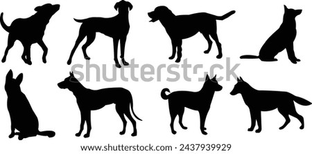 Dogs silhouette icon set. black flat animal vector collection isolated on transparent background. Belgian malinois clipart, depict dog standing, walking, running, jumping and digging hole.