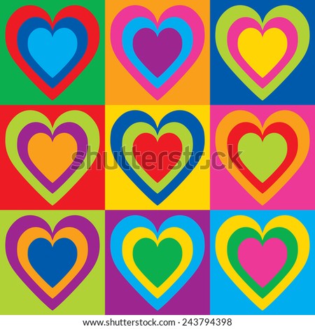 Pop Art Hearts in a colorful checkerboard design. 