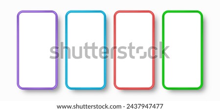 Set mobile phone with violet, blue, red and green screen realistic 3d design. Vector illustration. Royalty-Free Stock Photo #2437947477