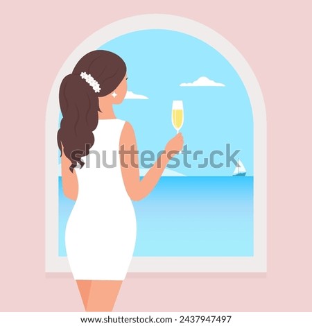 A woman looks at the beautiful sea and sky. A lady with a champagne glass enjoys the summer landscape. Seascape through the window.Vector illustration
