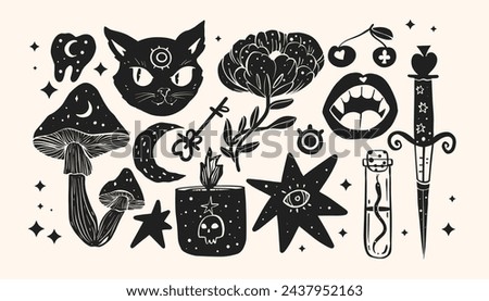 Esoteric things in linocut style. Hand drawn vector illustration.