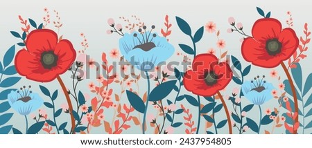 Spring is here, vector card with bright spring summer flowers. Illustration with hand drawn floral elements.