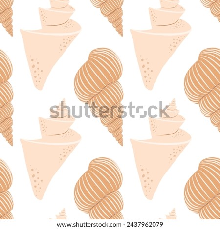 Seamless pattern with yellow and beige seashells isolated on white background. 