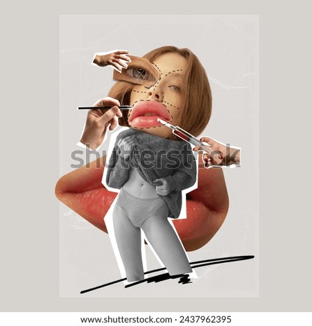 Young pretty girl doing lip augmentation, making lips bigger and plumper. Contemporary art collage. Concept of beauty treatment, plastic surgery, medicine, clinical cosmetology, ad Royalty-Free Stock Photo #2437962395