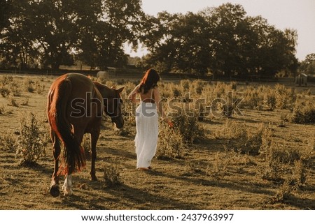 Girl with her horse on a summer evening