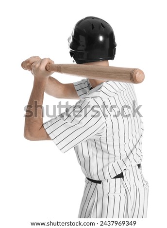 Baseball player taking swing with bat on white background, back view