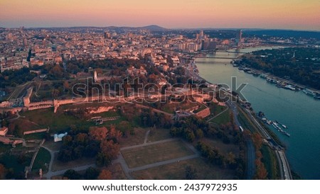 Aerial view of Belgrade rivers and cityscape, Serbia. Royalty-Free Stock Photo #2437972935